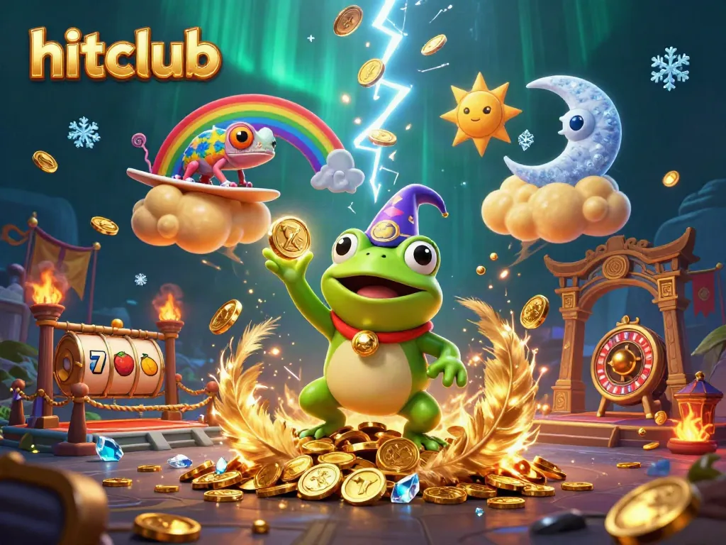 Experience the thrill of hitclub gaming with a wizard frog and chameleon amidst casino elements.