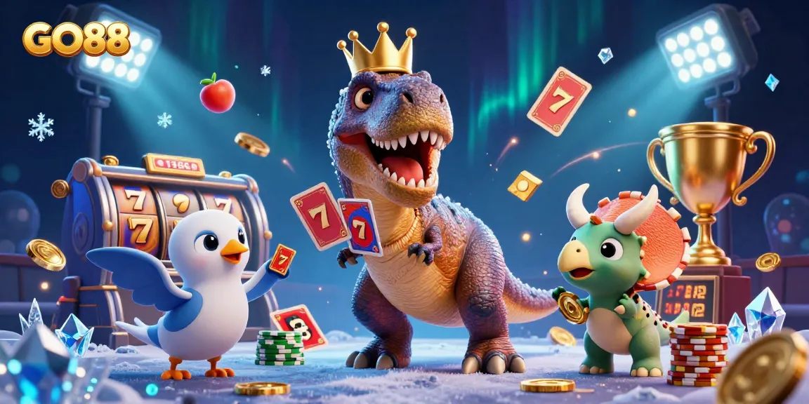 Experience thrilling GO88 action with a T-Rex shuffling cards, surrounded by dynamic casino elements.