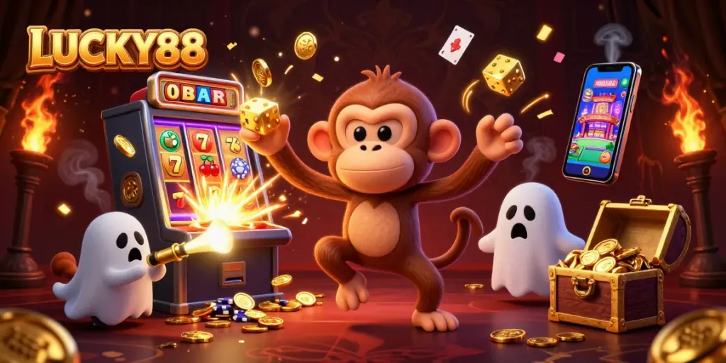 Experience the excitement of LUCKY88 with a playful scene of a ghost-hunter puppy tracking a mischievous monkey in a sparkling casino.