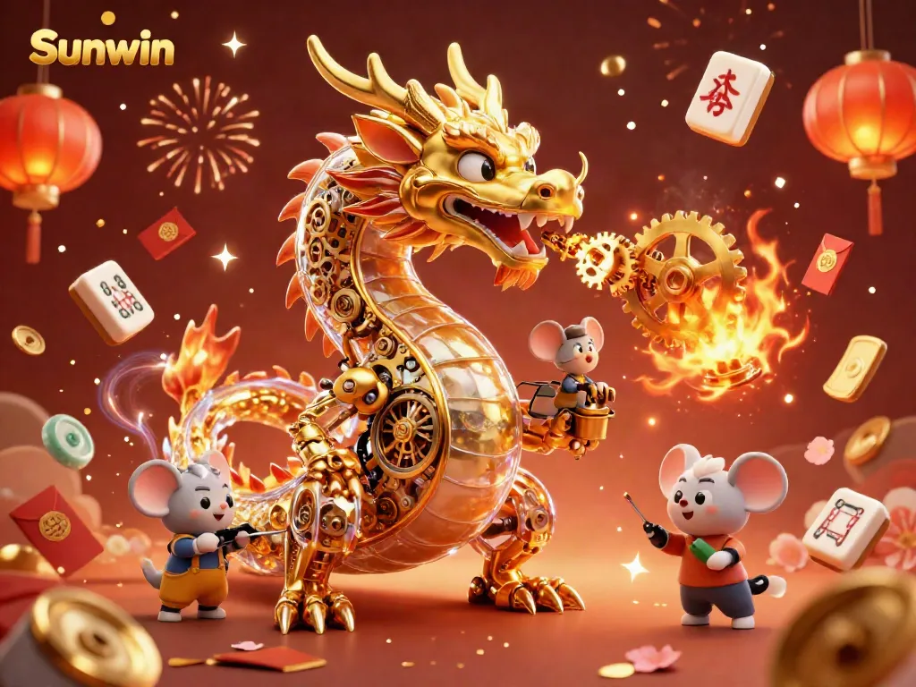 Engage with Sunwin's magical gaming experience featuring a vibrant golden dragon and festive elements.