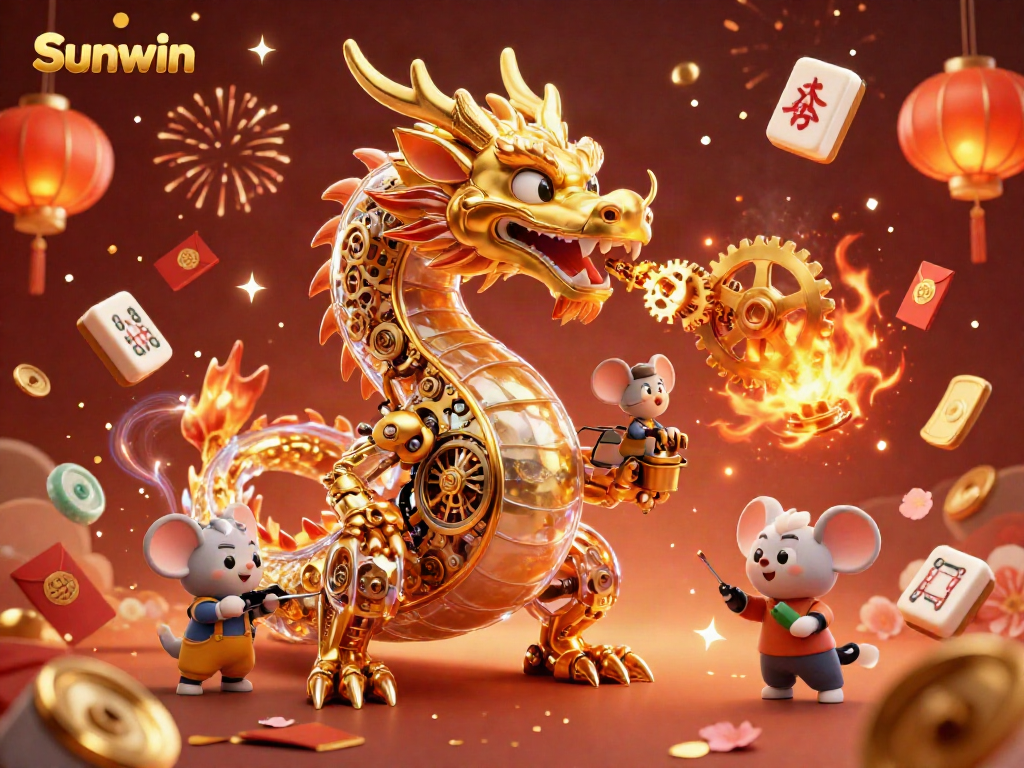 Engage with Sunwin's magical gaming experience featuring a vibrant golden dragon and festive elements.