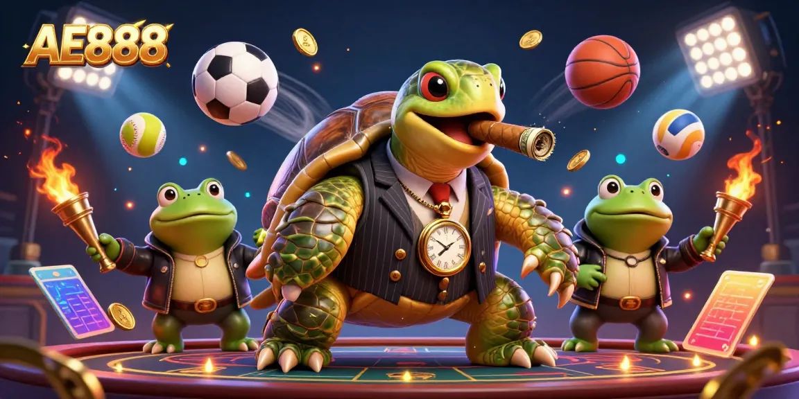 Experience thrilling gaming action with AE888’s unique casino scene featuring a massive snapping turtle and bullfrog enforcers.