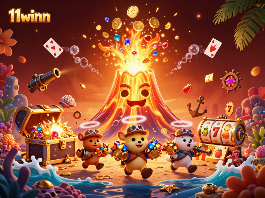 Spin the reels with 11winn as treasure floods from a golden volcano in this vibrant illustration.