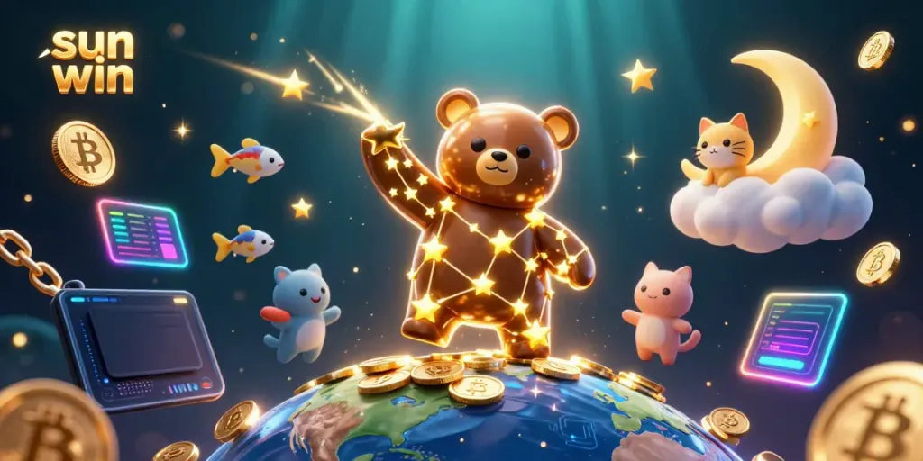 Engage with sun win's cosmic gaming experience as vibrant coins and interactive characters fill the scene.