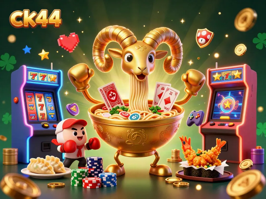Experience thrilling gaming with ck44's vibrant characters and jackpot slots in a 3D casino illustration.