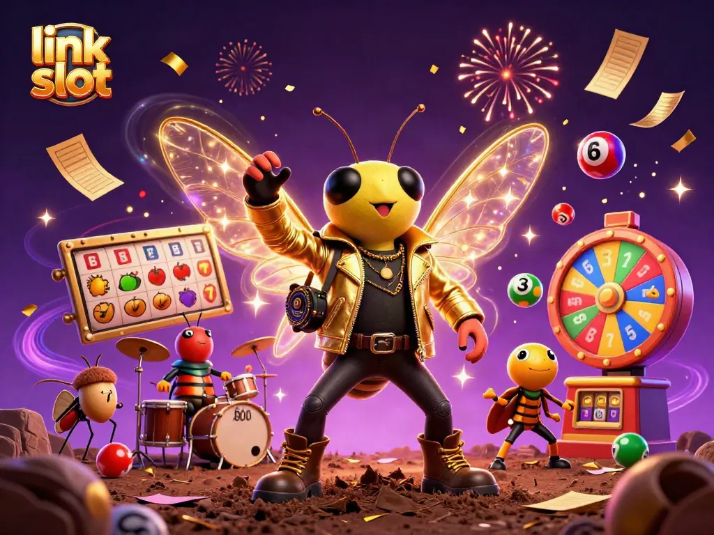 Experience the excitement of link slot with vibrant casino elements and animated characters.