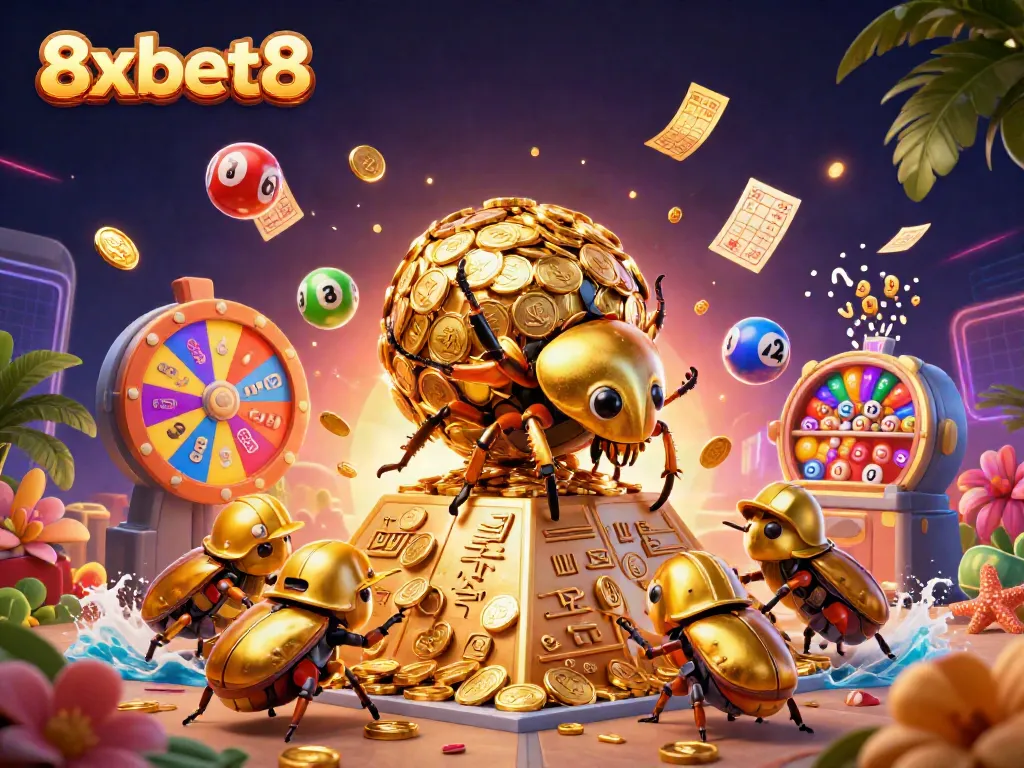 Experience the thrill of 8xbet8 with vibrant lottery elements and a captivating golden beetle scene.