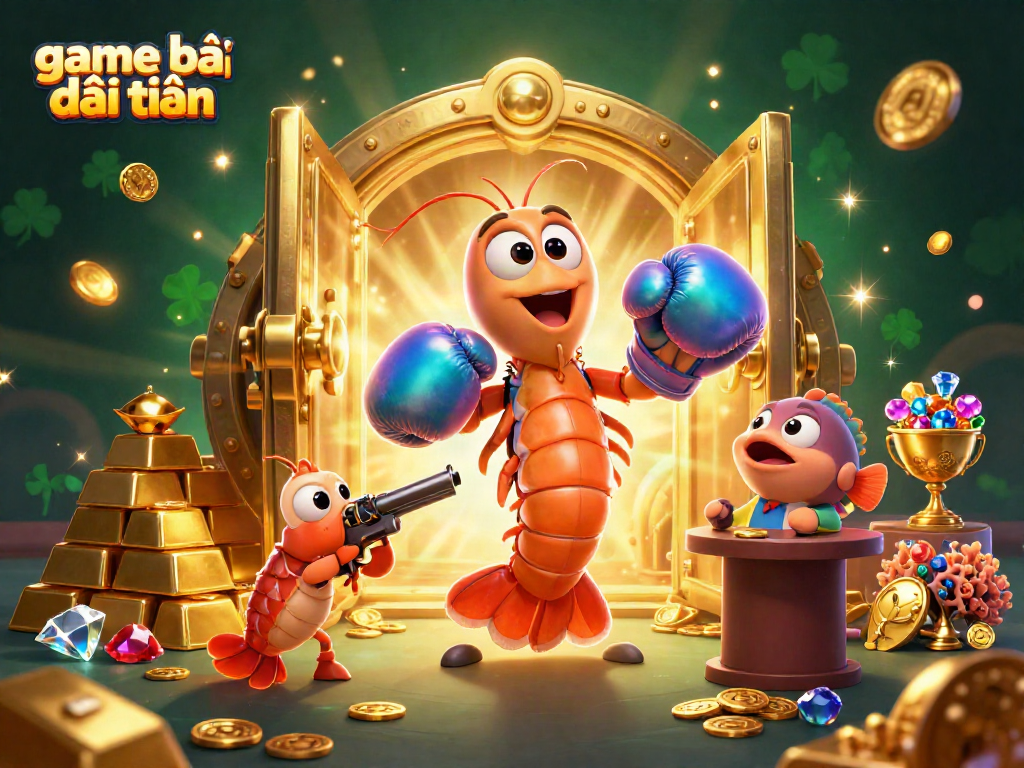 Experience the thrill of game bài đổi thưởng with colorful shrimp characters amidst treasure and gems.