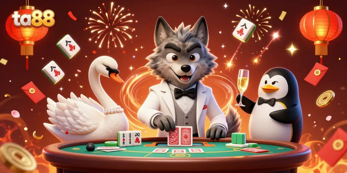 Experience the excitement of ta88 with vibrant characters at a baccarat table under festive fireworks.