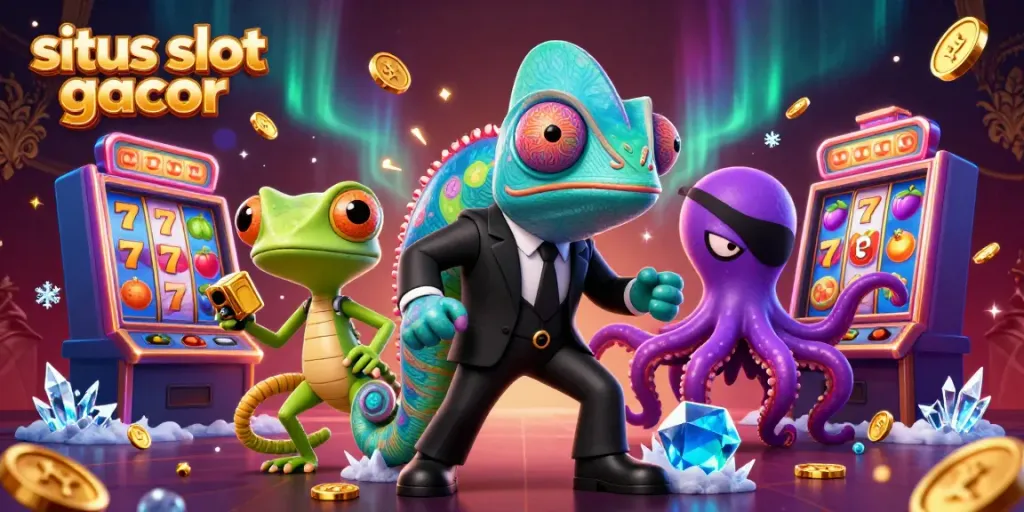 Play slots with excitement on situs slot gacor as a colorful chameleon and tech-savvy gecko join the fun.