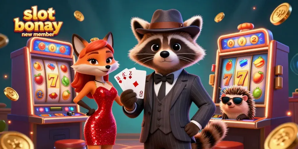 Engage in the slot bonus new member experience with charming characters amidst vibrant slot machines.