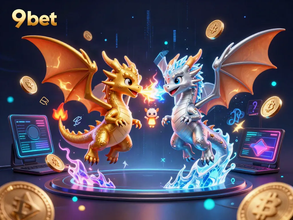 Experience thrilling gaming with 9bet, showcasing iconic dragons and crypto elements in rich detail.