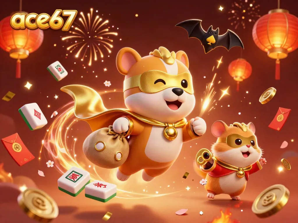 Experience the ace67 adventure with a superhero dog and hamster amidst vibrant casino-themed elements.