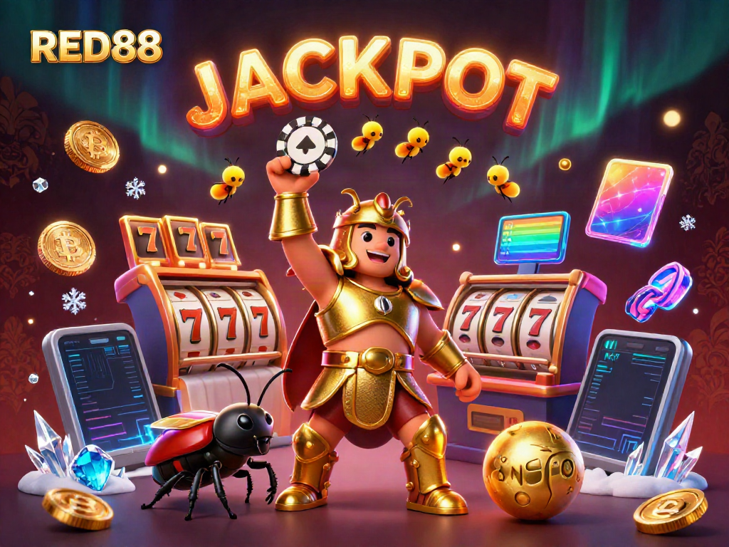 Win big at RED88 with a victorious beetle character triumphantly celebrating a jackpot!