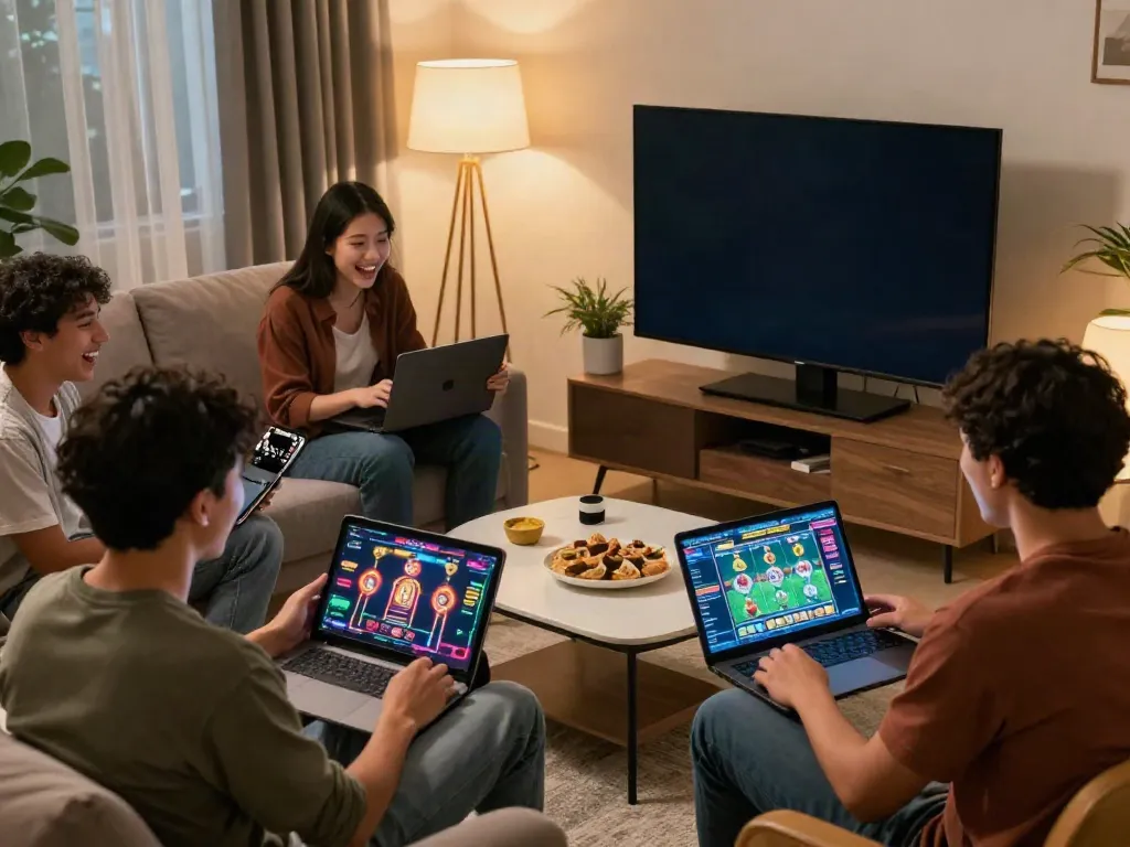 Friends enjoying slot88 games in a cozy living room, celebrating wins.