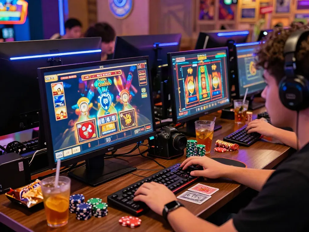 Engaging gaming scene featuring a player at a desktop enjoying a situs gacor slot game.