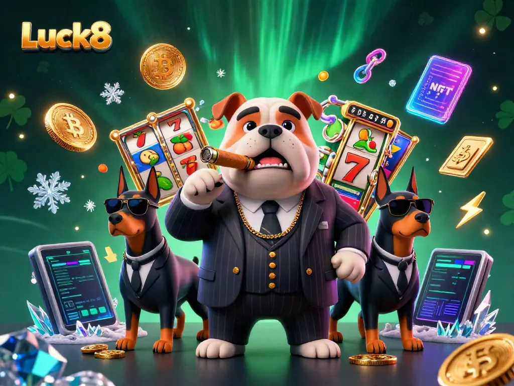 Experience thrilling jackpots with Luck8 in this dynamic casino scene featuring a mafia boss bulldog.
