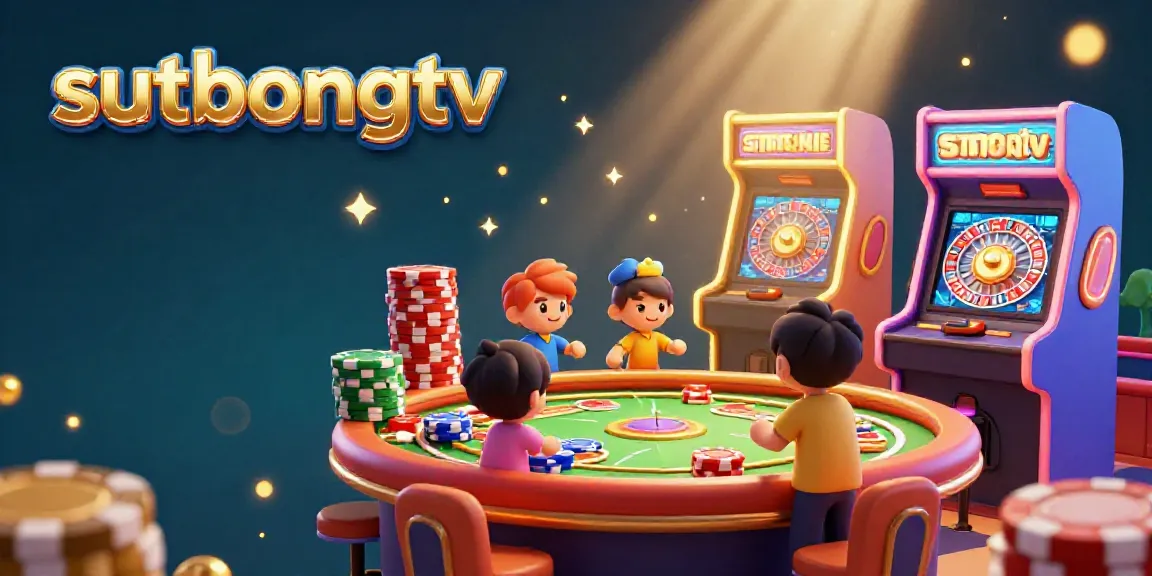 Engage with sutbongtv's vibrant casino atmosphere featuring neon games, poker chips, and a lively roulette wheel.