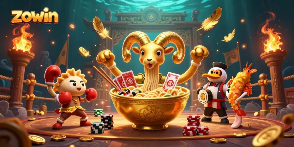 Zowin features a lively 3D cartoon scene of a golden ramen bowl dealer among cheering tempura shrimp, enhancing the casino atmosphere.