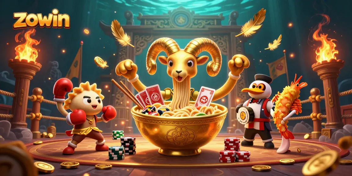 Zowin features a lively 3D cartoon scene of a golden ramen bowl dealer among cheering tempura shrimp, enhancing the casino atmosphere.