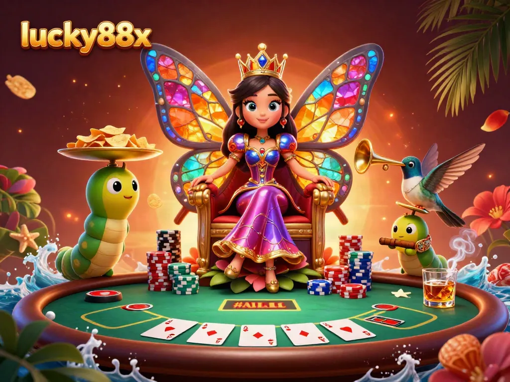 Experience lucky88x with a vibrant casino scene featuring a butterfly queen and poker action.