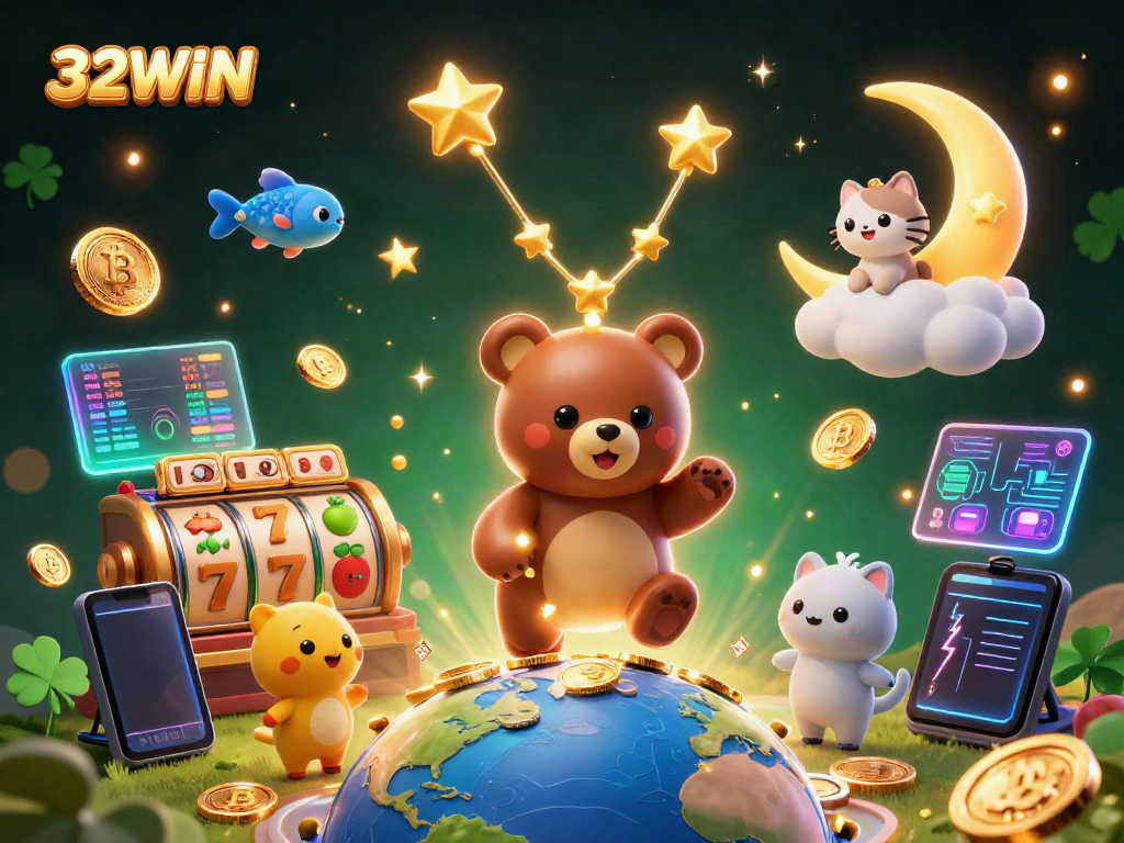 Experience thrilling gameplay at 32WIN as the constellation bear interacts with vibrant casino elements in a magical atmosphere.