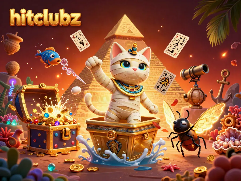 Experience thrilling gaming at hitclubz with a vibrant Egyptian-themed casino scene featuring a mummy cat and glowing scarab.
