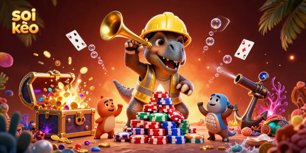 Celebrate winning strategies in sports betting with soi kèo featuring a triceratops and vibrant casino elements.
