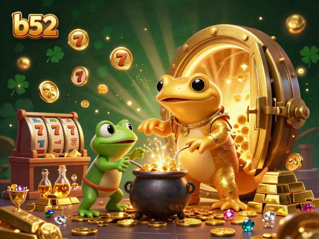 Create your fortune at b52 with a dynamic scene depicting a golden salamander alchemist in a casino-inspired laboratory.
