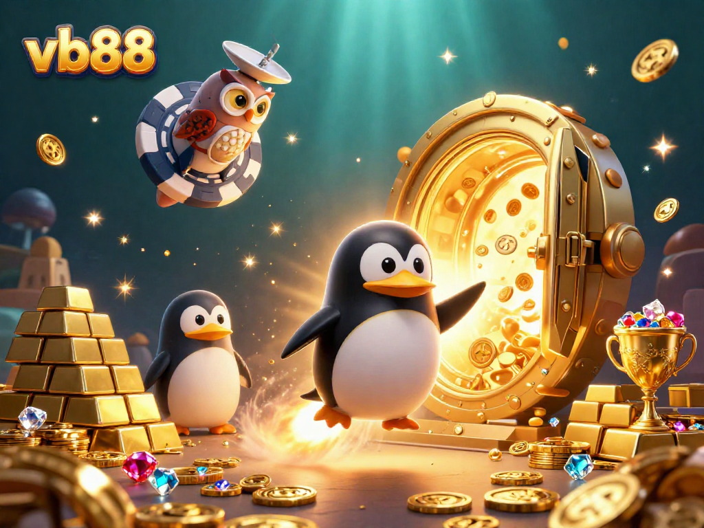 Experience the thrilling universe of vb88 as a golden penguin rockets through space, unveiling a vibrant casino.
