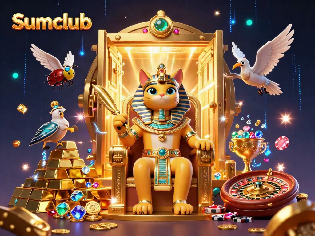 Experience the vibrant Sumclub atmosphere with a pharaoh cat surrounded by glowing casino treasures.