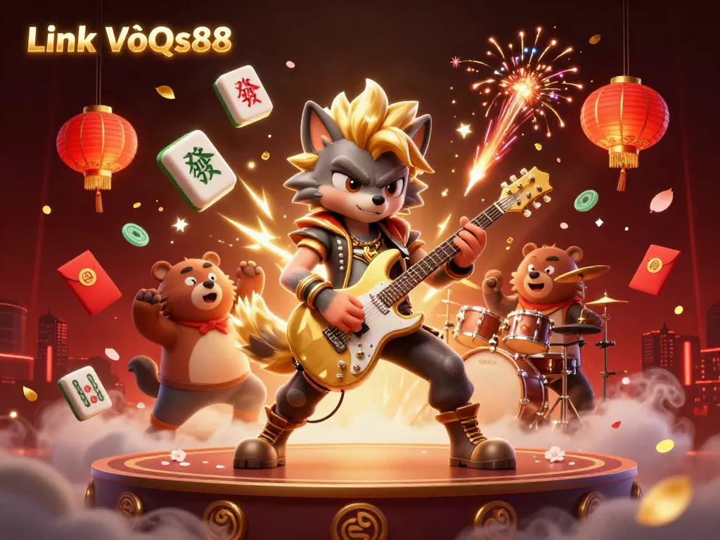 Experience Link VàoQs88 with thrilling gaming action from a rock star wolf shredding on stage in a vibrant casino.