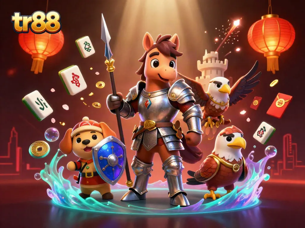 Bet on tr88 with immersive 3D casino games featuring knights and a puppy, celebrating luck.