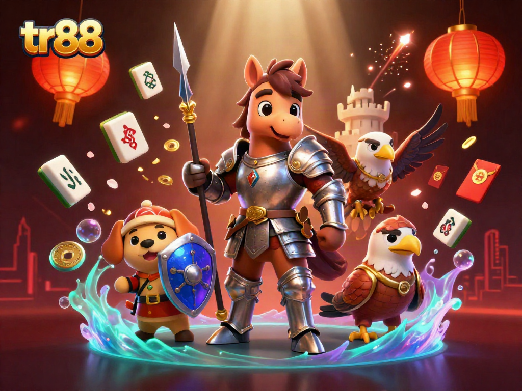 Bet on tr88 with immersive 3D casino games featuring knights and a puppy, celebrating luck.
