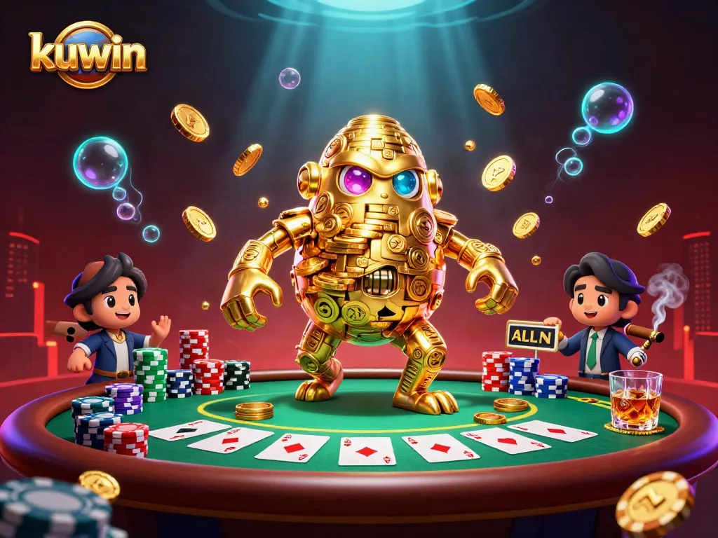 Kuwin players strategizing their poker moves amid dynamic casino elements and vibrant gold accents.