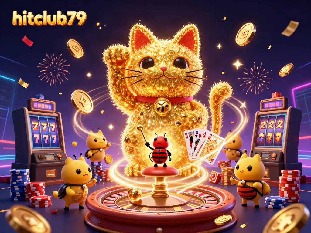 Engage with hitclub79 and experience the charm of a giant lucky cat in this vibrant casino-themed 3D illustration.