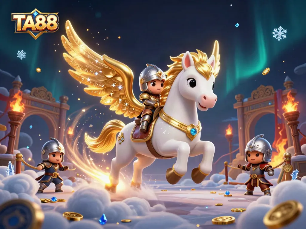 TA88 betting on an epic adventure featuring a celestial horse and knight in a vibrant casino scene.