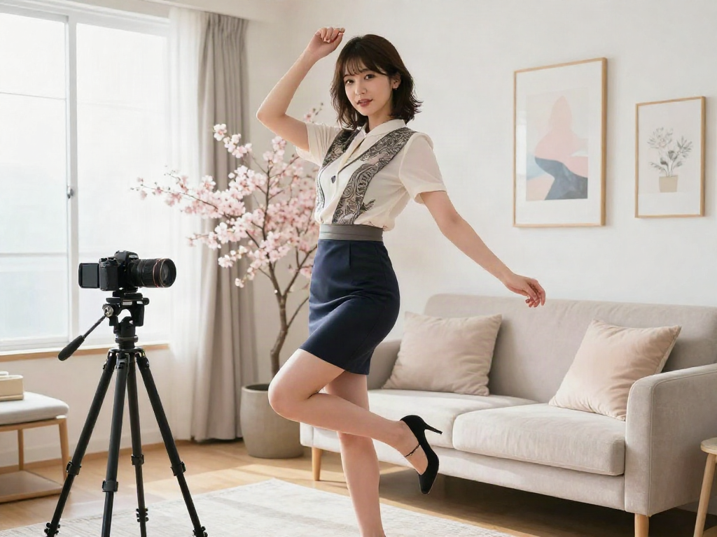 在现代公寓中，优雅的日本AV女演员展示华丽造型，背景中有樱花树，展现出美丽与文化的融合。