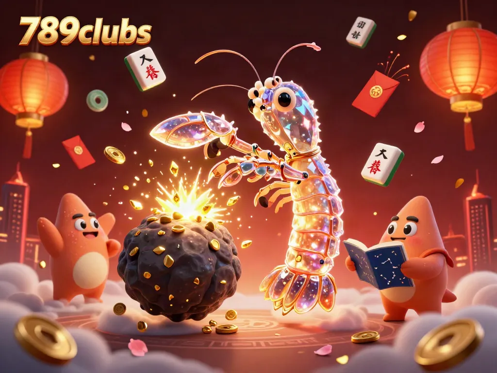 Engage with 789clubs' dynamic casino universe featuring a shrimp hero and gems in action.