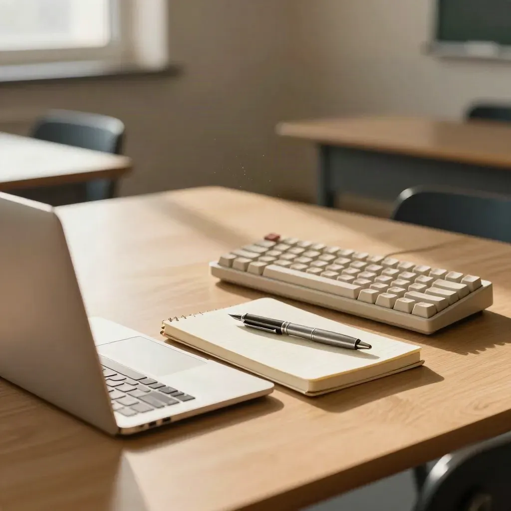 Zamknięty laptop, notes i klawiatura na ławce w ciepłym świetle.