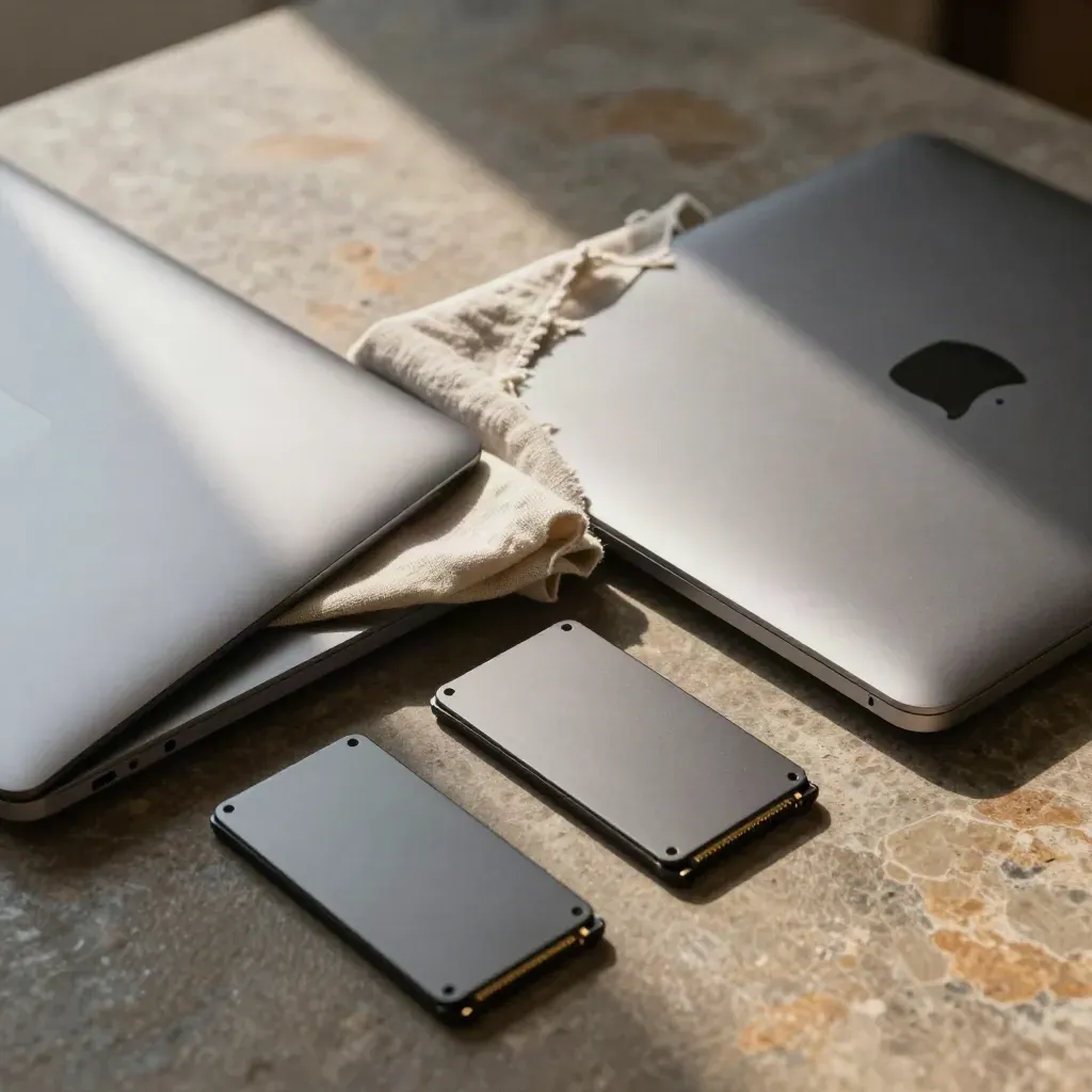 Dwa laptopy, dwa dyski SSD i złożona lniana tkanina na kamiennym stole w ciepłym świetle.