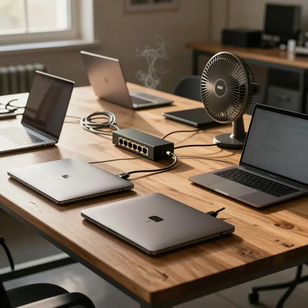 Cztery zamknięte laptopy, switch i kable na drewnianym stole w ciepłej sali szkoleniowej.