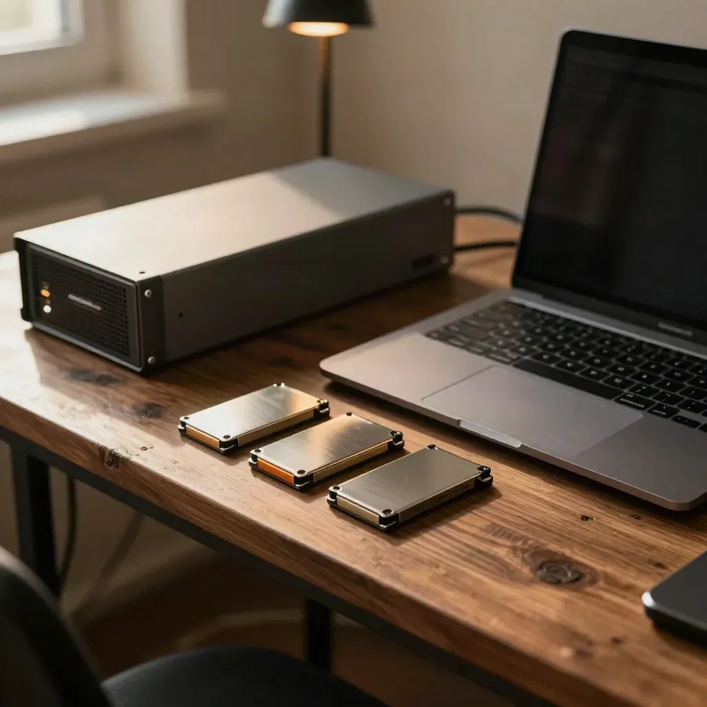 Zamknięty laptop, dwa SSD i mały serwer na drewnianym stole w ciepłym świetle.