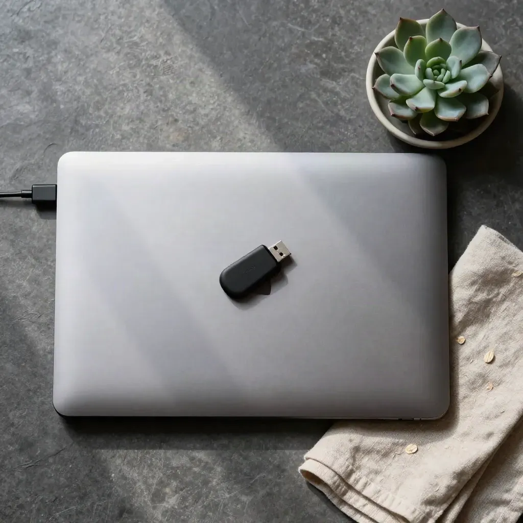 Zamknięty srebrny laptop, pendrive, sukulent i lniana tkanina na kamiennej płycie.