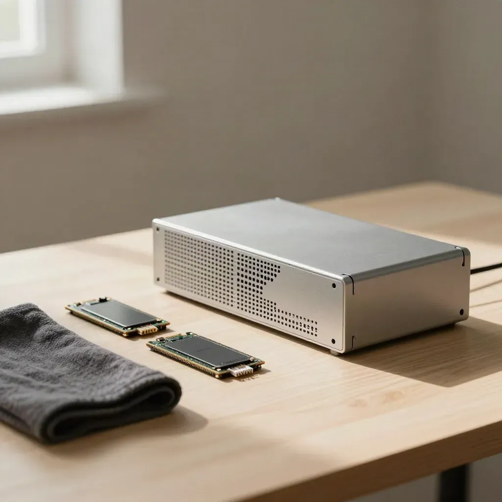 Mini serwer, dwa SSD, tkanina i coupler Ethernet na jasnym drewnie.