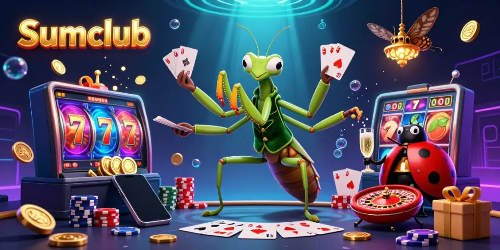 Engaging scene of Sumclub casino characters actively dealing cards and pouring champagne amid vibrant gambling elements.