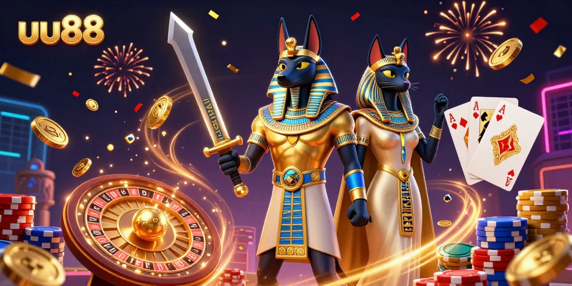 Experience the excitement of uu88 with ancient Egyptian themes, coins, and a vibrant casino atmosphere.