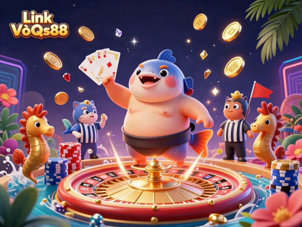 Experience the excitement of Link VàoQs88 with an underwater casino scene featuring whimsical characters, dynamic game elements, and sparkling treasures.