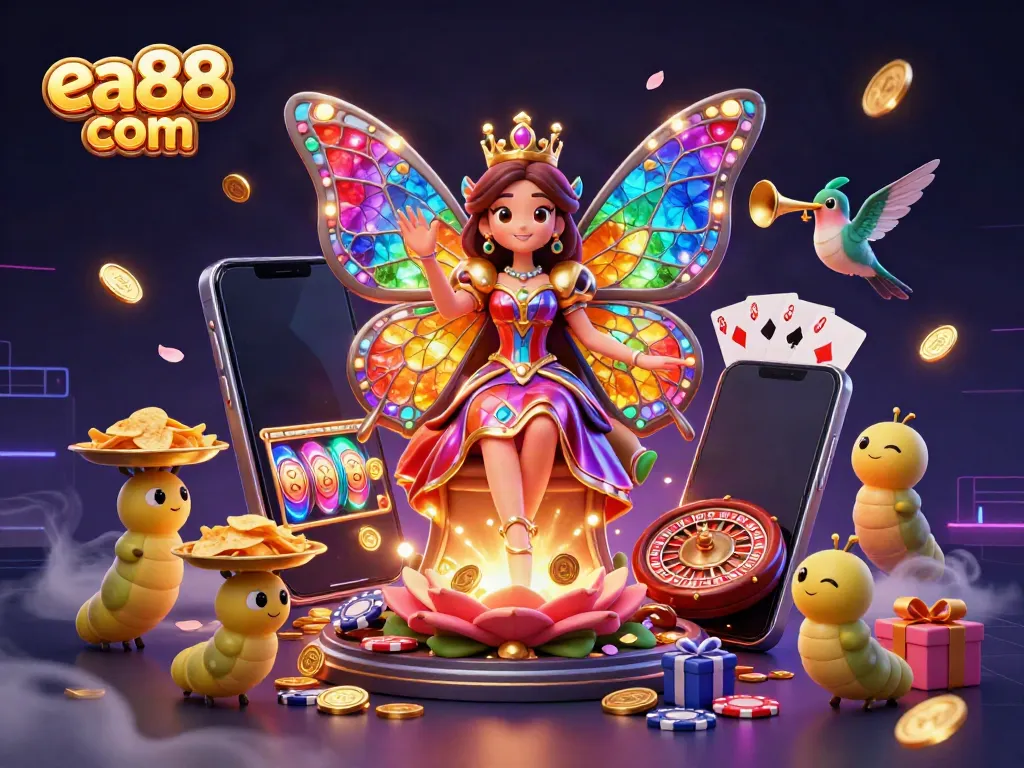 Experience the thrill of gaming at ea88 com with vibrant 3D casino illustration featuring a butterfly queen and gaming elements.