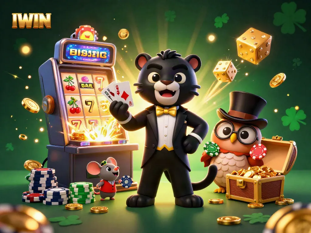 IWIN gaming illustration featuring a panther dealer with cards, an owl with poker chips, and a lucky mouse in a casino backdrop.